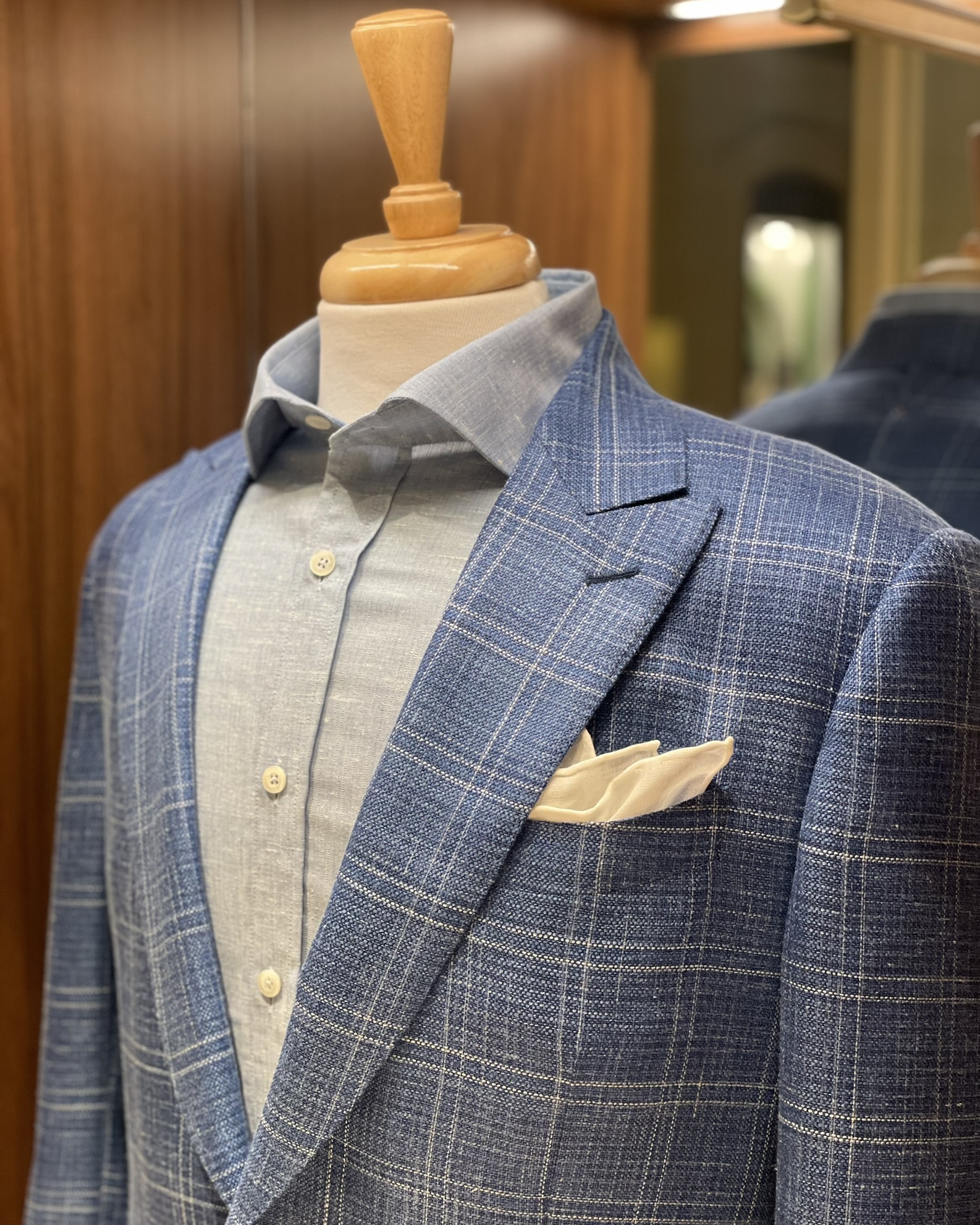 Blue wool, silk and linen sport jacket on tailor's dummy — Mr. Alex Beverly Hills