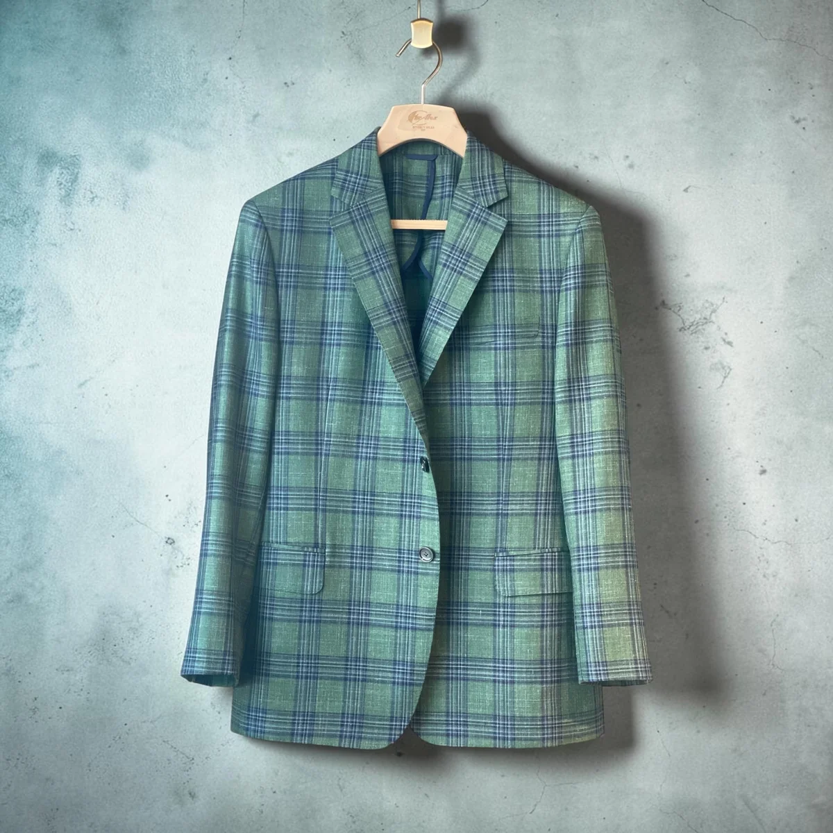 Green and blue plaid wool, silk, and linen sport jacket — Mr. Alex Beverly Hills